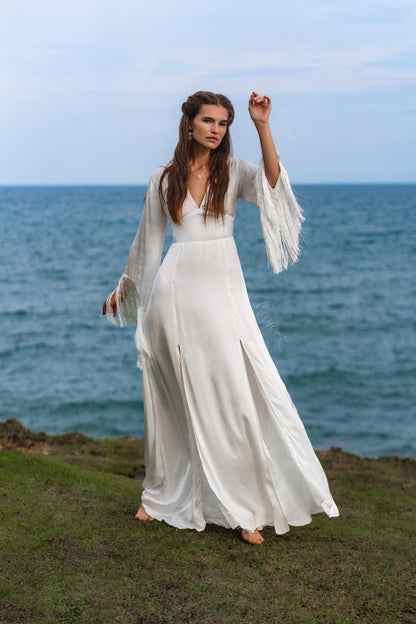 Boho Silk Wedding Dress • Fringe Sleeve Backless Gown • Bohemian Bride Maxi Dress