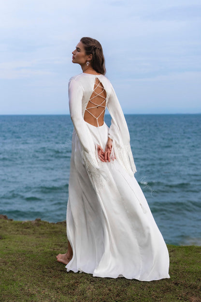 Boho Silk Wedding Dress • Fringe Sleeve Backless Gown • Bohemian Bride Maxi Dress