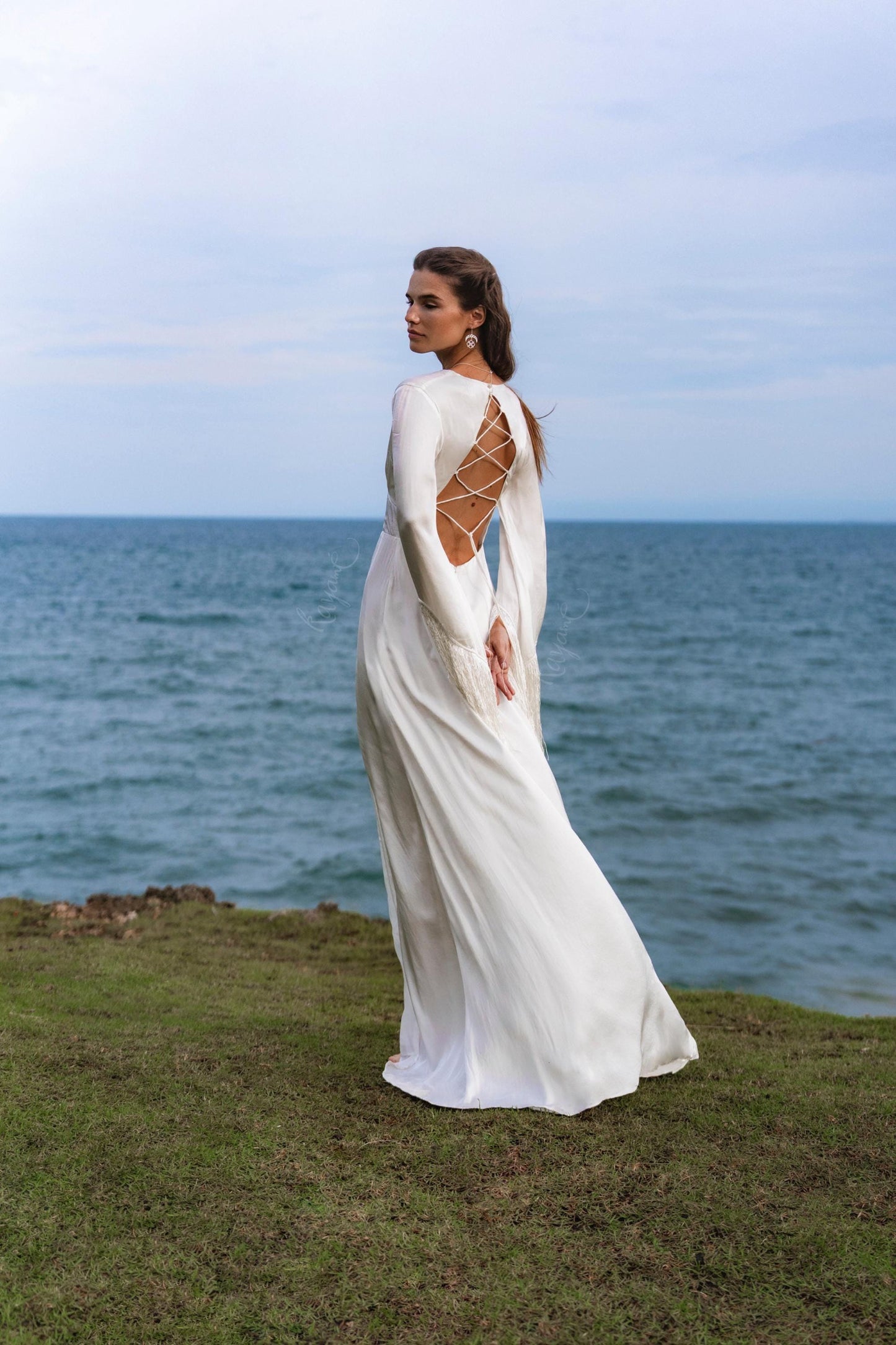 Boho Silk Wedding Dress • Fringe Sleeve Backless Gown • Bohemian Bride Maxi Dress