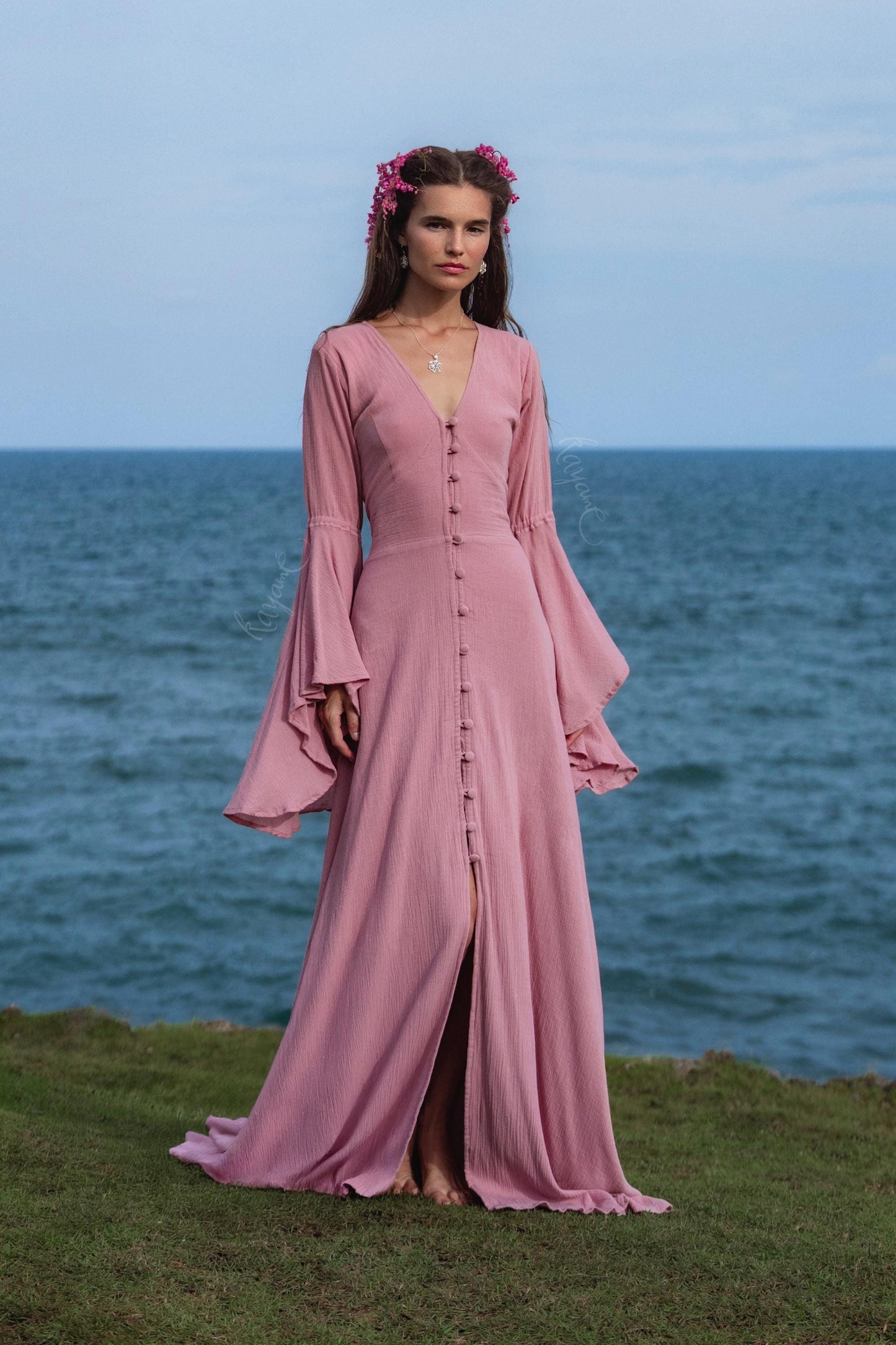 Dusty Pink Elven Dress • Bell Sleeve Boho Fairy Gown • Organic Cotton Maxi Bridesmaid Dress