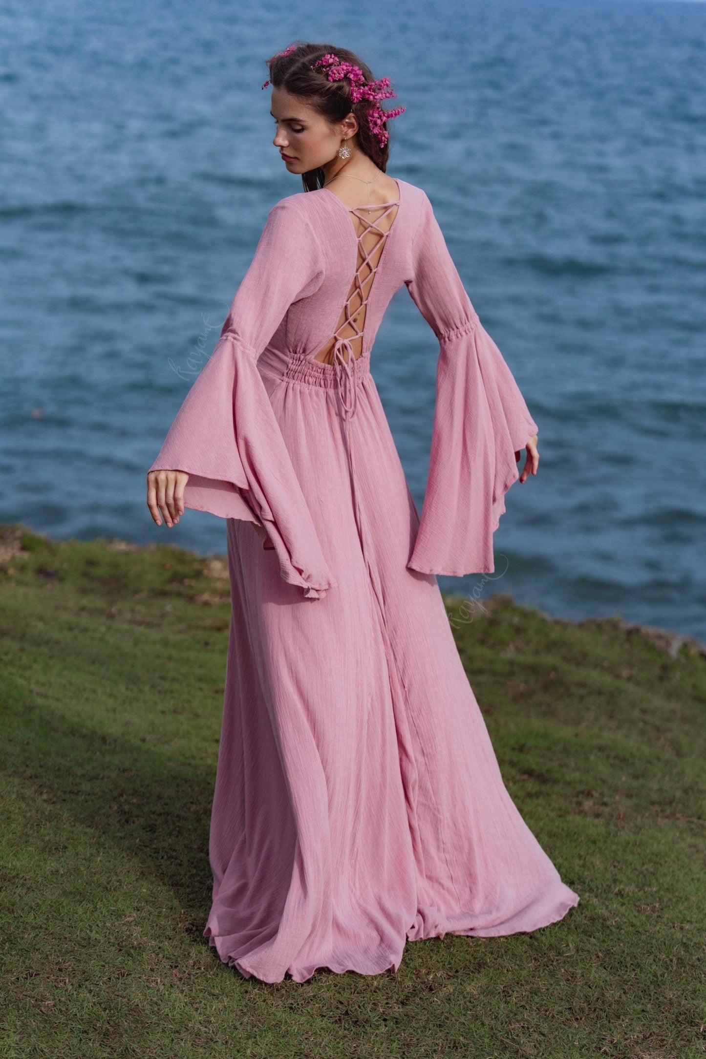Dusty Pink Elven Dress • Bell Sleeve Boho Fairy Gown • Organic Cotton Maxi Bridesmaid Dress