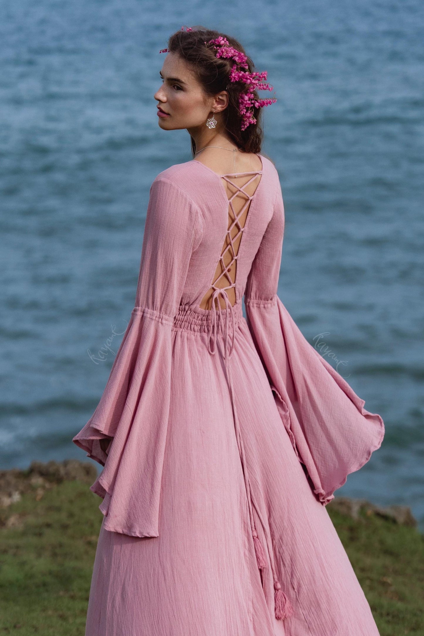 Dusty Pink Elven Dress • Bell Sleeve Boho Fairy Gown • Organic Cotton Maxi Bridesmaid Dress
