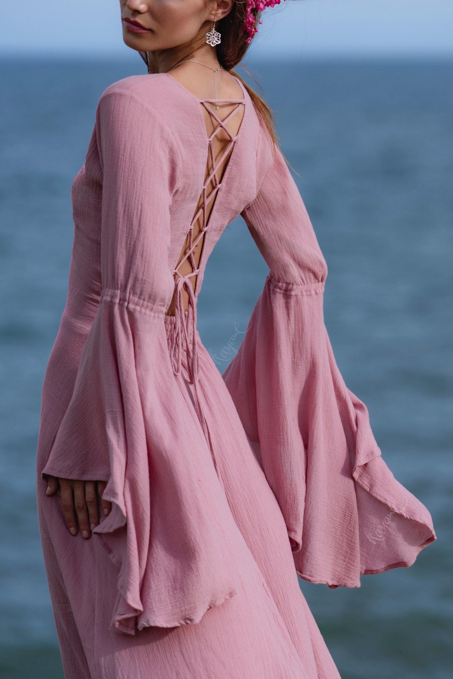Dusty Pink Elven Dress • Bell Sleeve Boho Fairy Gown • Organic Cotton Maxi Bridesmaid Dress
