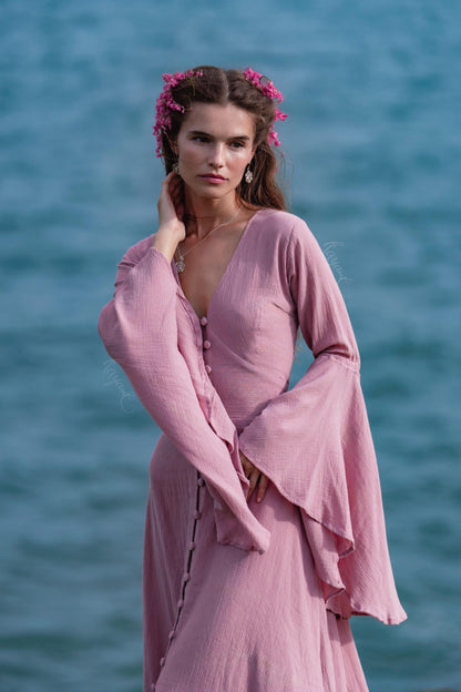 Dusty Pink Elven Dress • Bell Sleeve Boho Fairy Gown • Organic Cotton Maxi Bridesmaid Dress