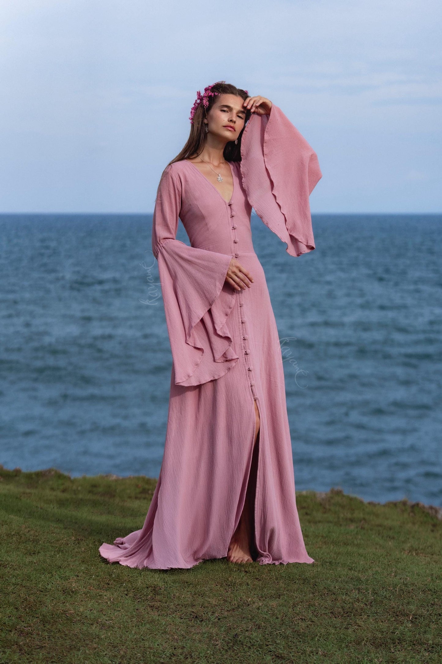 Dusty Pink Elven Dress • Bell Sleeve Boho Fairy Gown • Organic Cotton Maxi Bridesmaid Dress