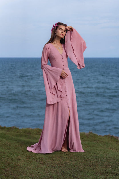 Dusty Pink Elven Dress • Bell Sleeve Boho Fairy Gown • Organic Cotton Maxi Bridesmaid Dress