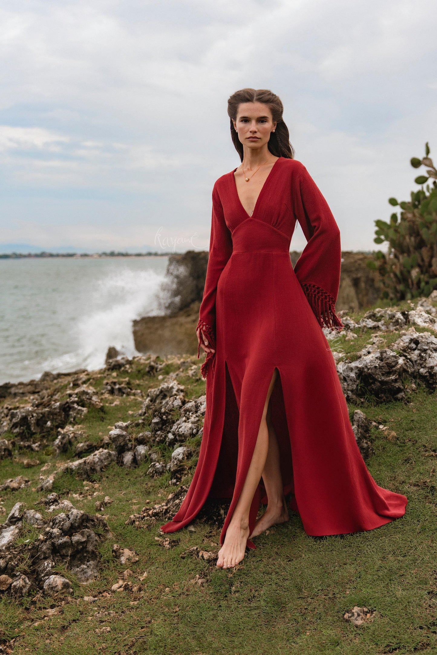 RED GODDESS DRESS • Backless boho maxi dress  • Deep V Priestess Gown • Fringe sleeve evening dress