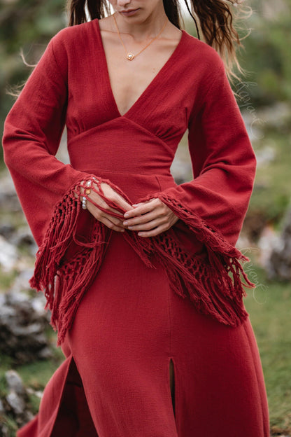 RED GODDESS DRESS • Backless boho maxi dress  • Deep V Priestess Gown • Fringe sleeve evening dress
