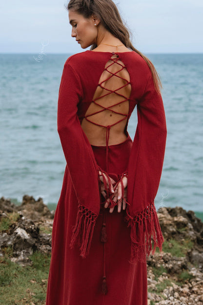 RED GODDESS DRESS • Backless boho maxi dress  • Deep V Priestess Gown • Fringe sleeve evening dress