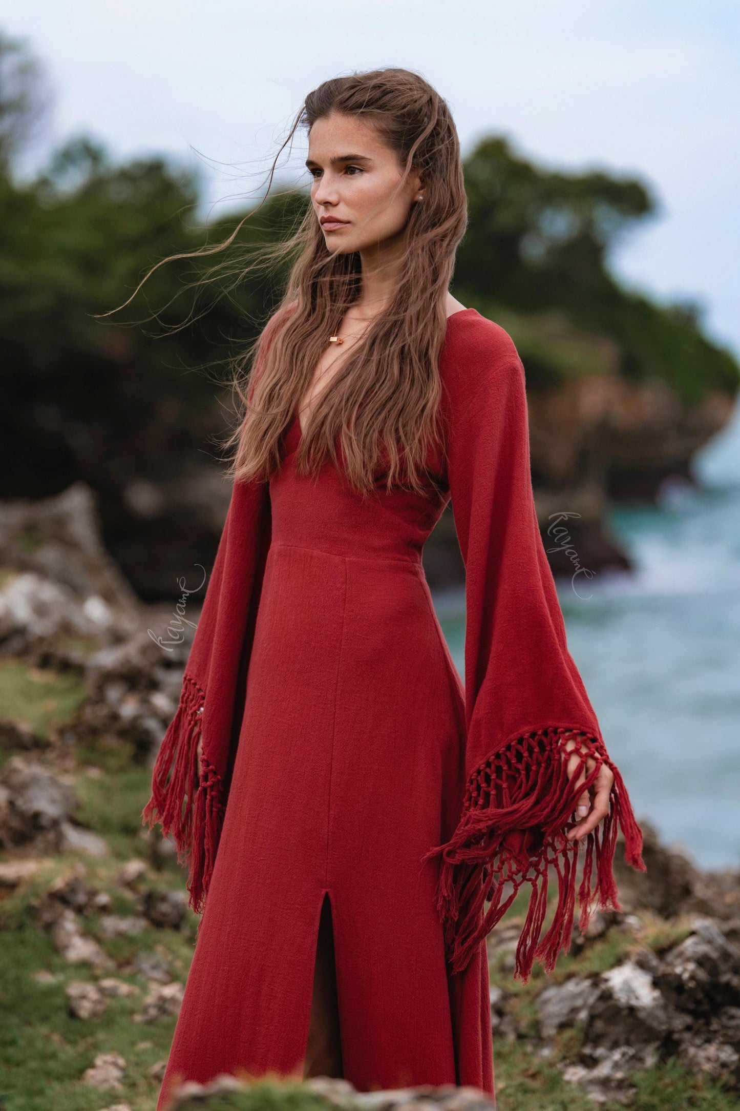 RED GODDESS DRESS • Backless boho maxi dress  • Deep V Priestess Gown • Fringe sleeve evening dress