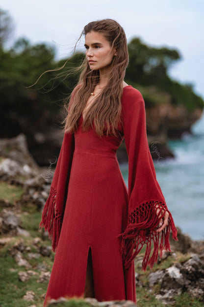 RED GODDESS DRESS • Backless boho maxi dress  • Deep V Priestess Gown • Fringe sleeve evening dress