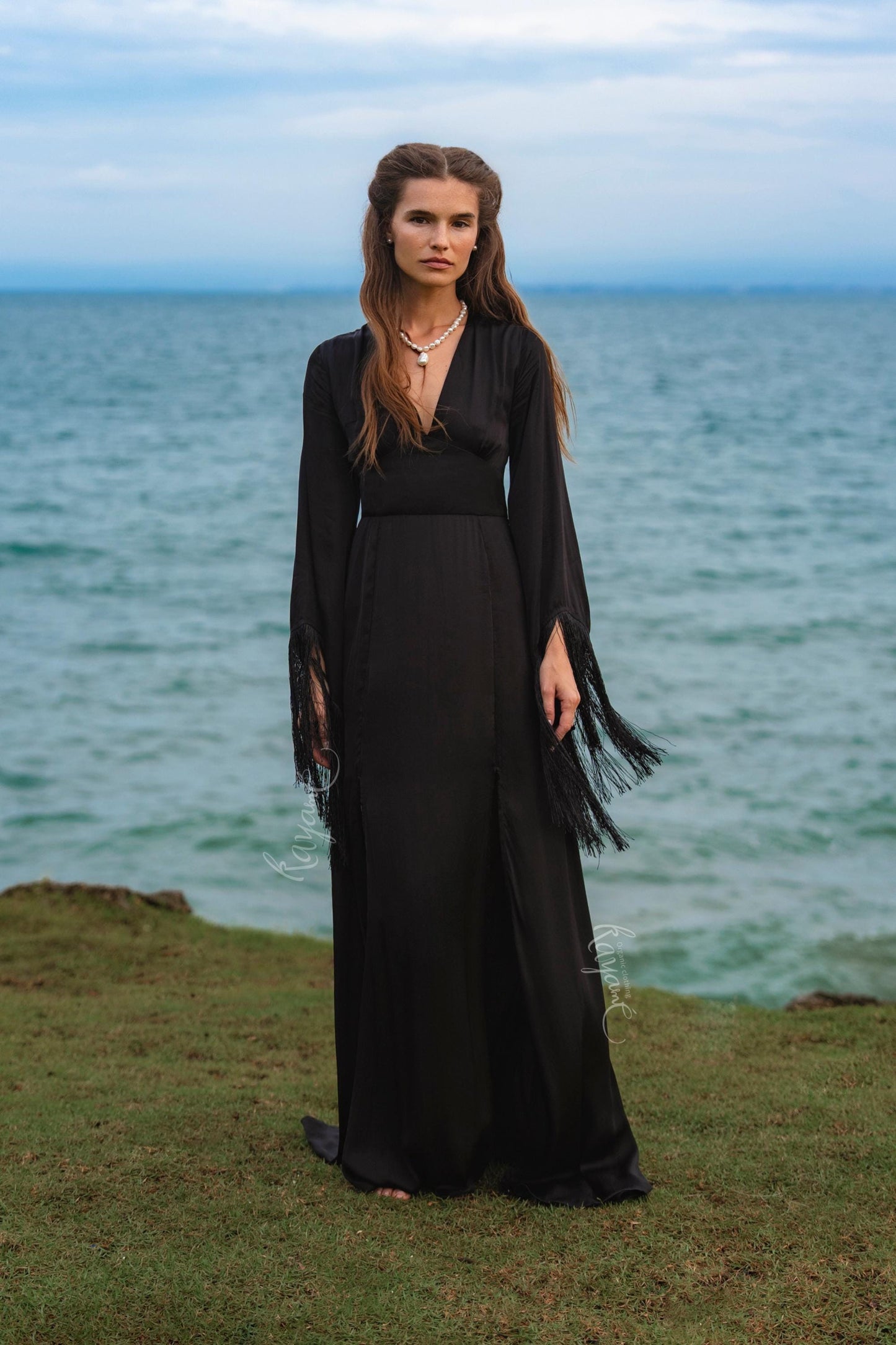Black Silk Maxi Dress ꧁Kayame꧂ • Fringe Sleeve Open Back Boho Gown • Backless Goddess Dress