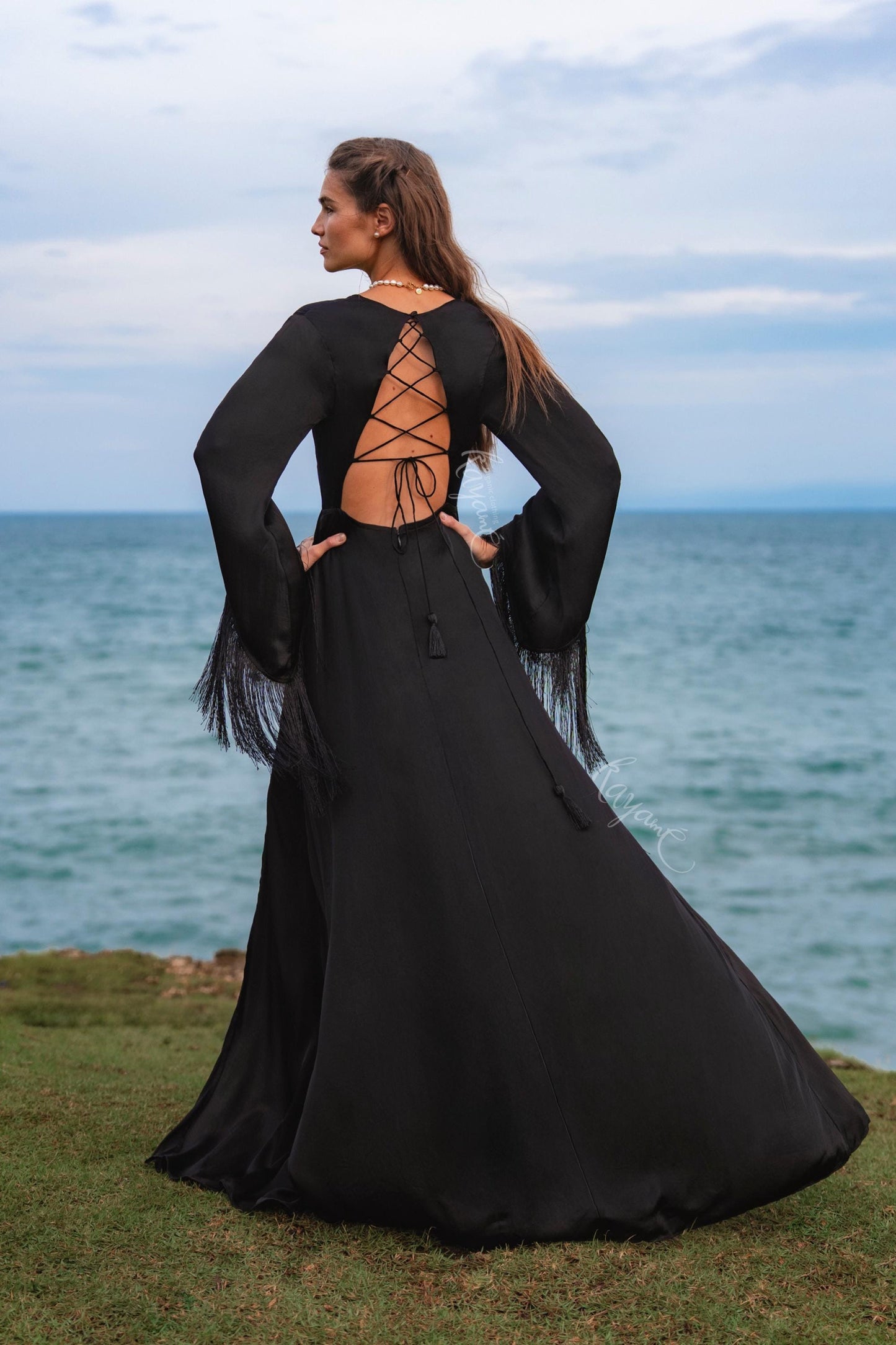 Black Silk Maxi Dress ꧁Kayame꧂ • Fringe Sleeve Open Back Boho Gown • Backless Goddess Dress