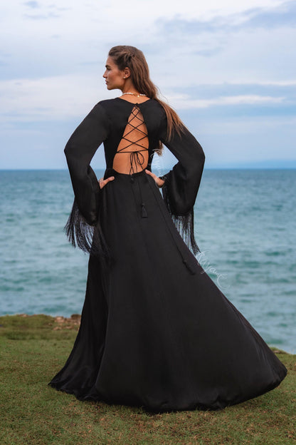 Black Silk Maxi Dress ꧁Kayame꧂ • Fringe Sleeve Open Back Boho Gown • Backless Goddess Dress