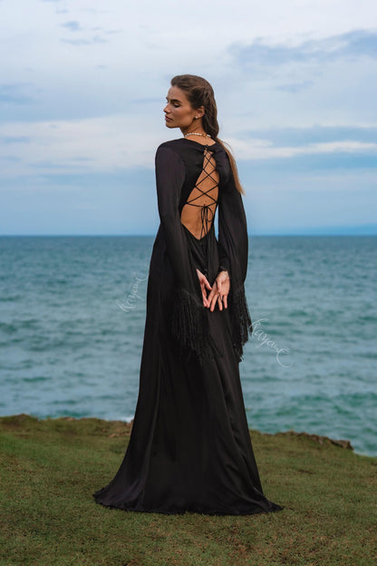 Black Silk Maxi Dress ꧁Kayame꧂ • Fringe Sleeve Open Back Boho Gown • Backless Goddess Dress