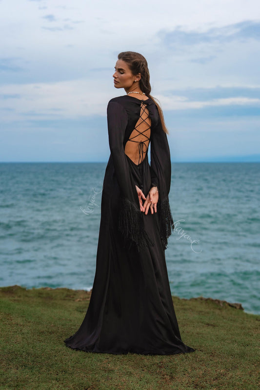 Black Silk Maxi Dress ꧁Kayame꧂ • Fringe Sleeve Open Back Boho Gown • Backless Goddess Dress