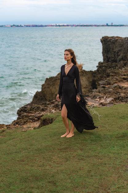 Black Silk Maxi Dress ꧁Kayame꧂ • Fringe Sleeve Open Back Boho Gown • Backless Goddess Dress