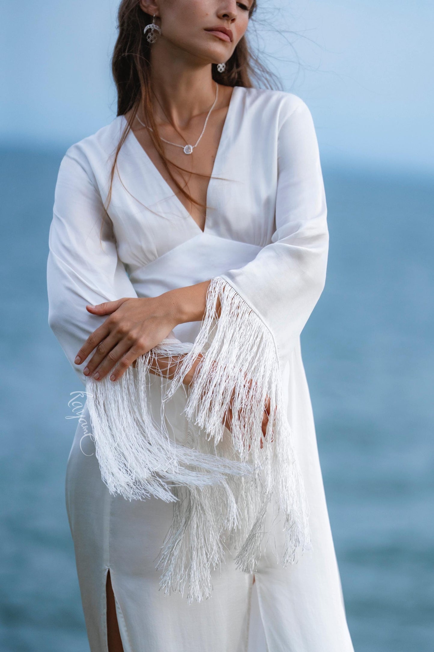 Boho Silk Wedding Dress • Fringe Sleeve Backless Gown • Bohemian Bride Maxi Dress