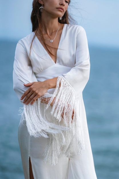 Boho Silk Wedding Dress • Fringe Sleeve Backless Gown • Bohemian Bride Maxi Dress