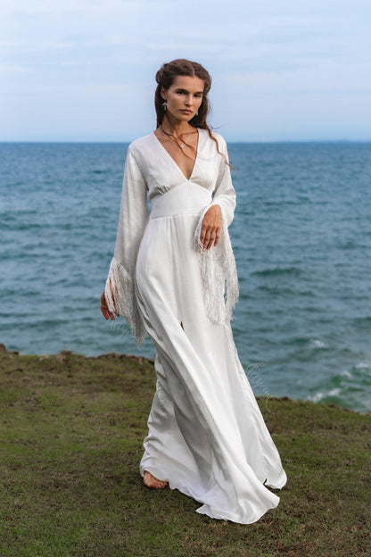 Boho Silk Wedding Dress • Fringe Sleeve Backless Gown • Bohemian Bride Maxi Dress