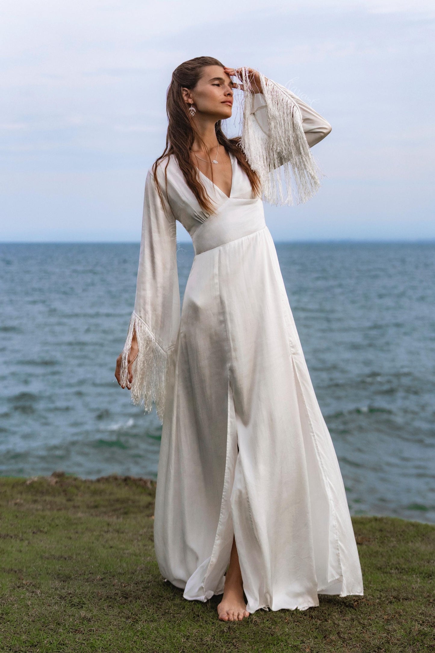 Boho Silk Wedding Dress • Fringe Sleeve Backless Gown • Bohemian Bride Maxi Dress