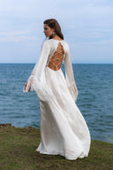 Boho Silk Wedding Dress with Fringe Sleeves