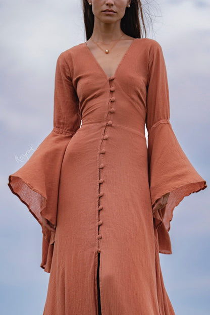 Burnt Orange Bell Sleeve Maxi Dress • Handmade Organic Cotton Button Down Dress •  Boho Bridesmaid Dress • Fairy Elven Prom Dress
