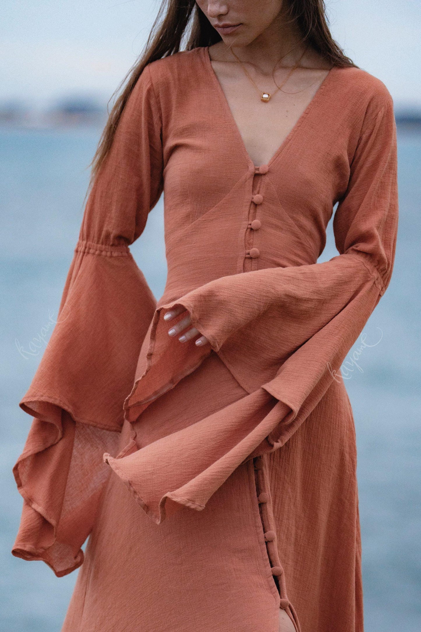 Burnt Orange Bell Sleeve Maxi Dress • Handmade Organic Cotton Button Down Dress •  Boho Bridesmaid Dress • Fairy Elven Prom Dress