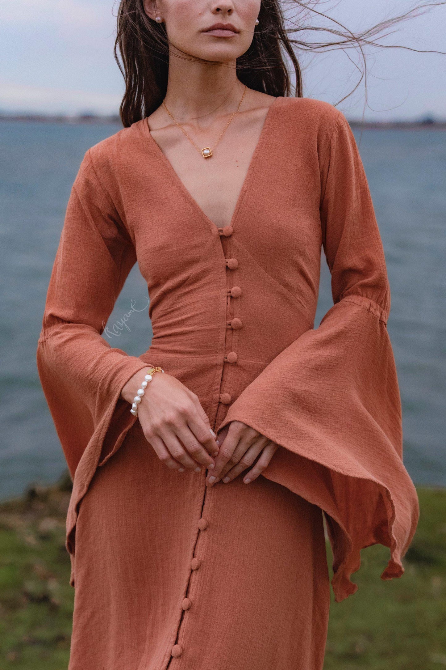 Burnt Orange Bell Sleeve Maxi Dress • Handmade Organic Cotton Button Down Dress •  Boho Bridesmaid Dress • Fairy Elven Prom Dress