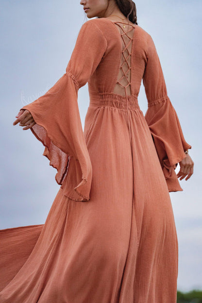 Burnt Orange Bell Sleeve Maxi Dress • Handmade Organic Cotton Button Down Dress •  Boho Bridesmaid Dress • Fairy Elven Prom Dress