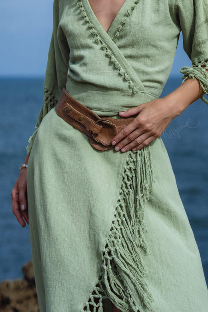 Sage Green Fringe Wrap Dress • Handmade Organic Linen Cotton Boho Midi Dress • Asymmetric Festival Dress • Bali Handmade