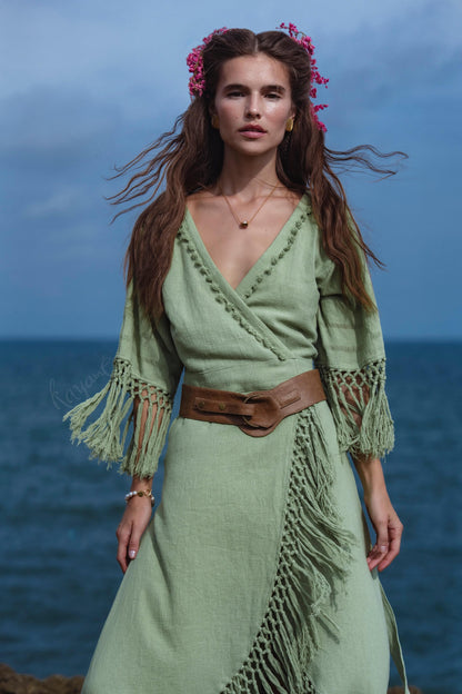 Sage Green Fringe Wrap Dress • Handmade Organic Linen Cotton Boho Midi Dress • Asymmetric Festival Dress • Bali Handmade