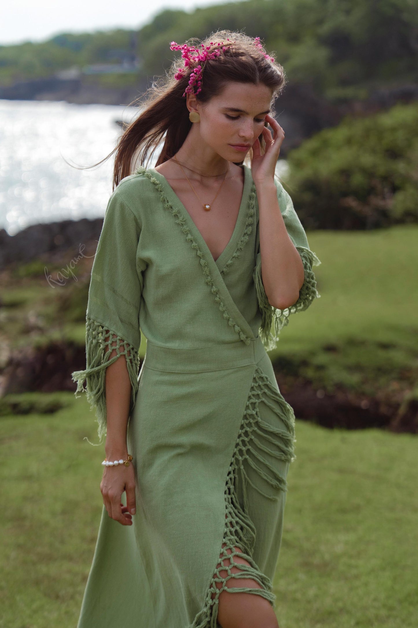 Sage Green Fringe Wrap Dress • Handmade Organic Linen Cotton Boho Midi Dress • Asymmetric Festival Dress • Bali Handmade