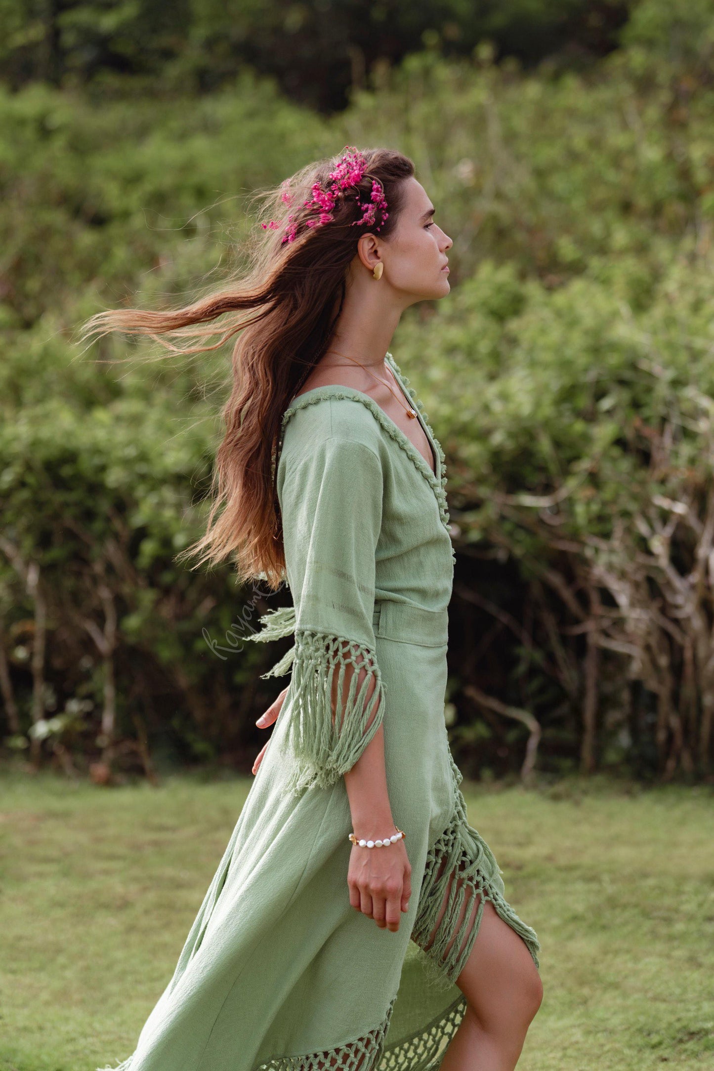 Sage Green Fringe Wrap Dress • Handmade Organic Linen Cotton Boho Midi Dress • Asymmetric Festival Dress • Bali Handmade