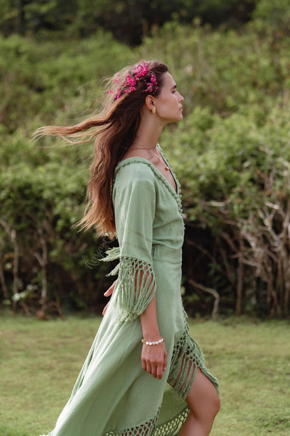 Sage Green Fringe Wrap Dress • Handmade Organic Linen Cotton Boho Midi Dress • Asymmetric Festival Dress • Bali Handmade