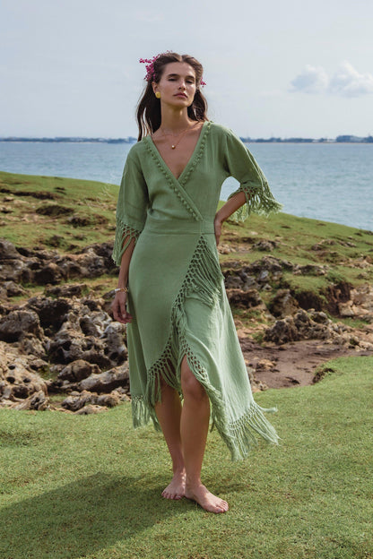 Sage Green Fringe Wrap Dress • Handmade Organic Linen Cotton Boho Midi Dress • Asymmetric Festival Dress • Bali Handmade