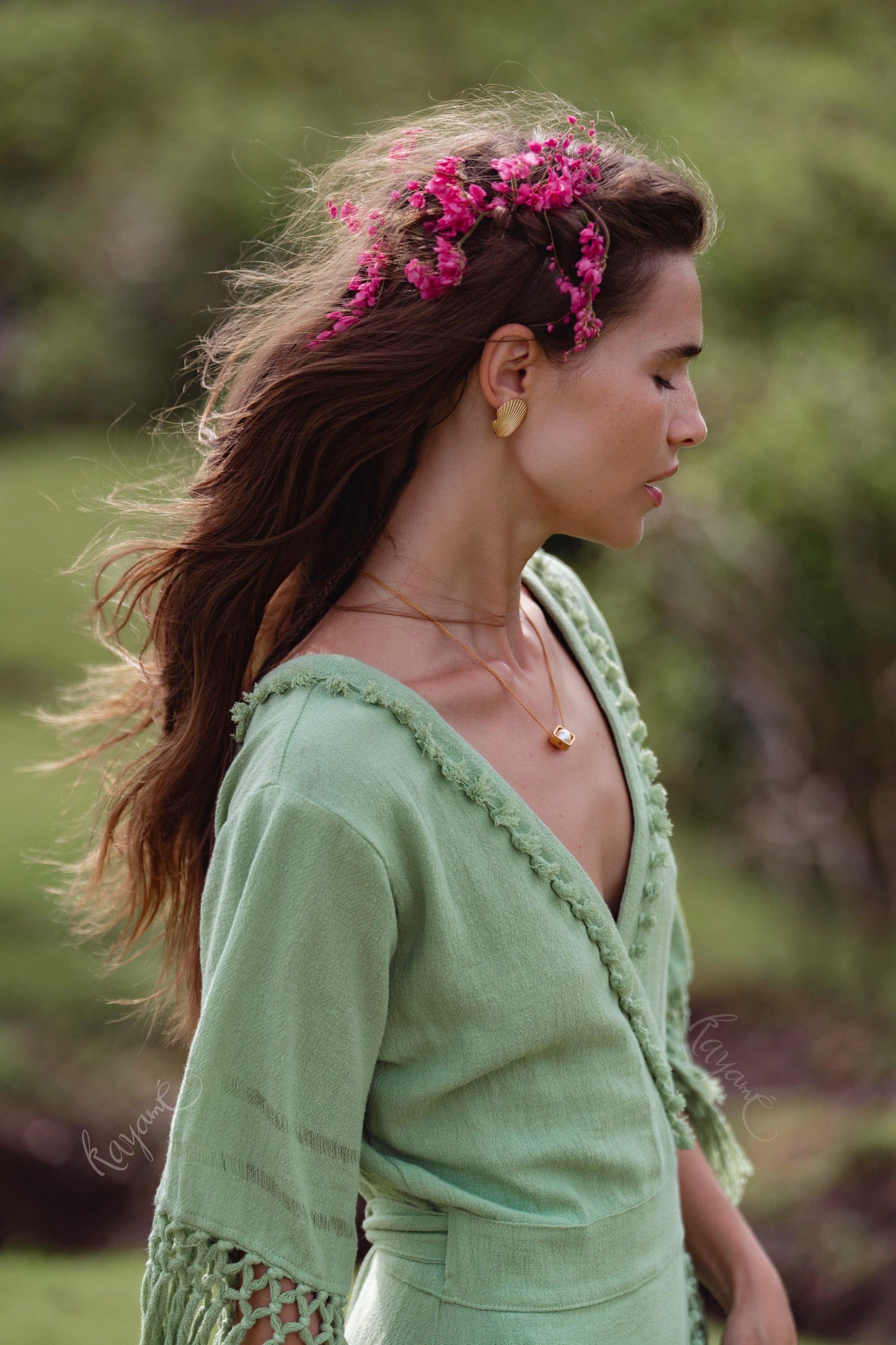 Sage Green Fringe Wrap Dress • Handmade Organic Linen Cotton Boho Midi Dress • Asymmetric Festival Dress • Bali Handmade