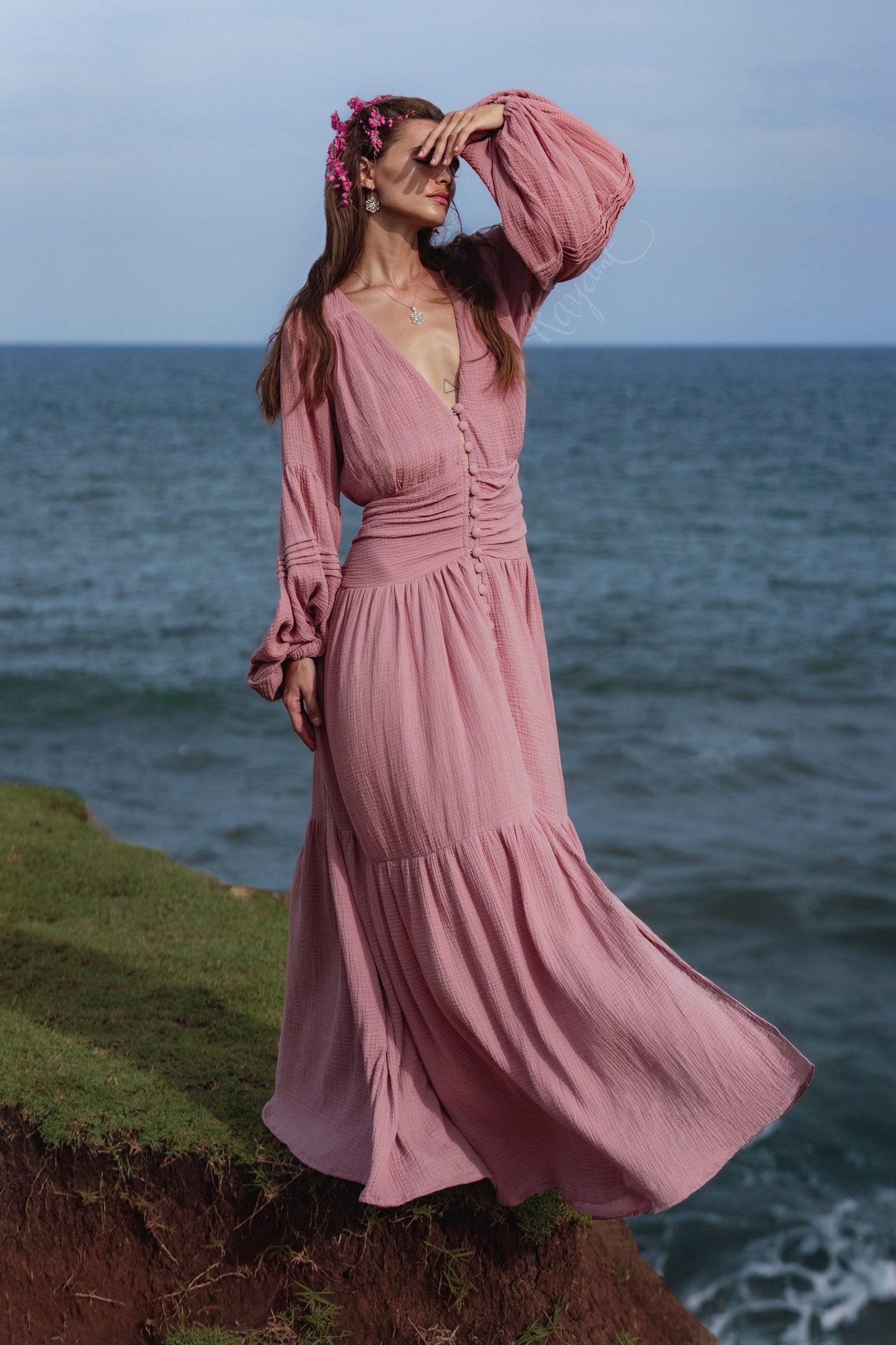 Dusty Rose Puff Sleeve Maxi Dress • Handmade Organic Cotton Gauze Tiered Dress •  Boho Bridesmaid Dress •  Pink Goddess