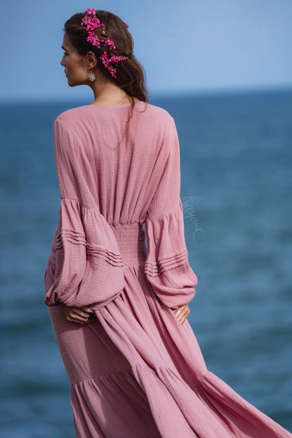 Dusty Rose Puff Sleeve Maxi Dress • Handmade Organic Cotton Gauze Tiered Dress •  Boho Bridesmaid Dress •  Pink Goddess