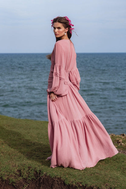 Dusty Rose Puff Sleeve Maxi Dress • Handmade Organic Cotton Gauze Tiered Dress •  Boho Bridesmaid Dress •  Pink Goddess