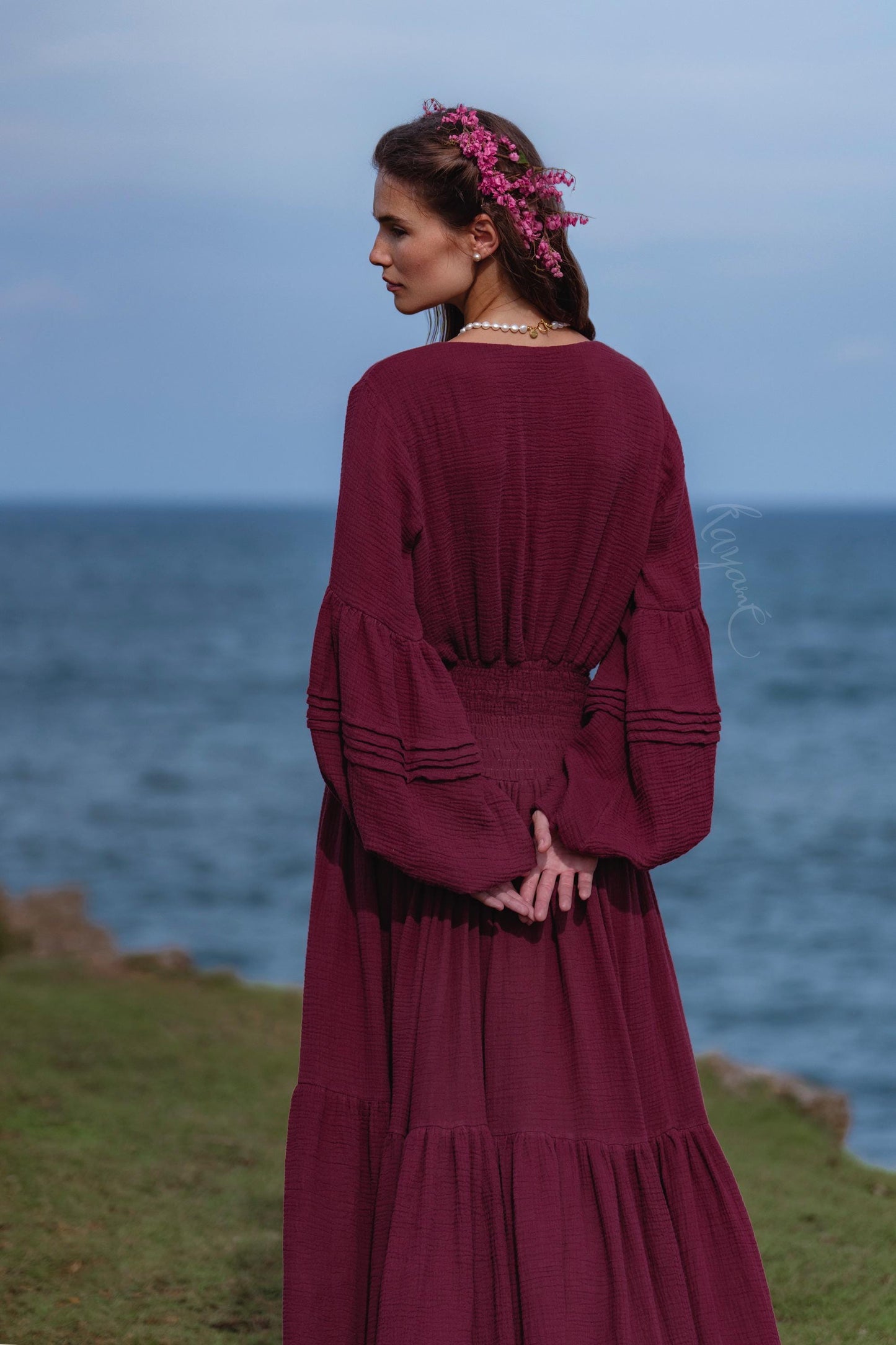 Burgundy Puff Sleeve Maxi Dress • Handmade Organic Cotton Gauze Tiered Dress • Boho Goddess Bridesmaid Dress • Priestess Goddess Dress