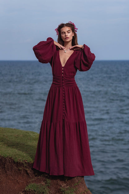 Burgundy Puff Sleeve Maxi Dress • Handmade Organic Cotton Gauze Tiered Dress • Boho Goddess Bridesmaid Dress • Priestess Goddess Dress