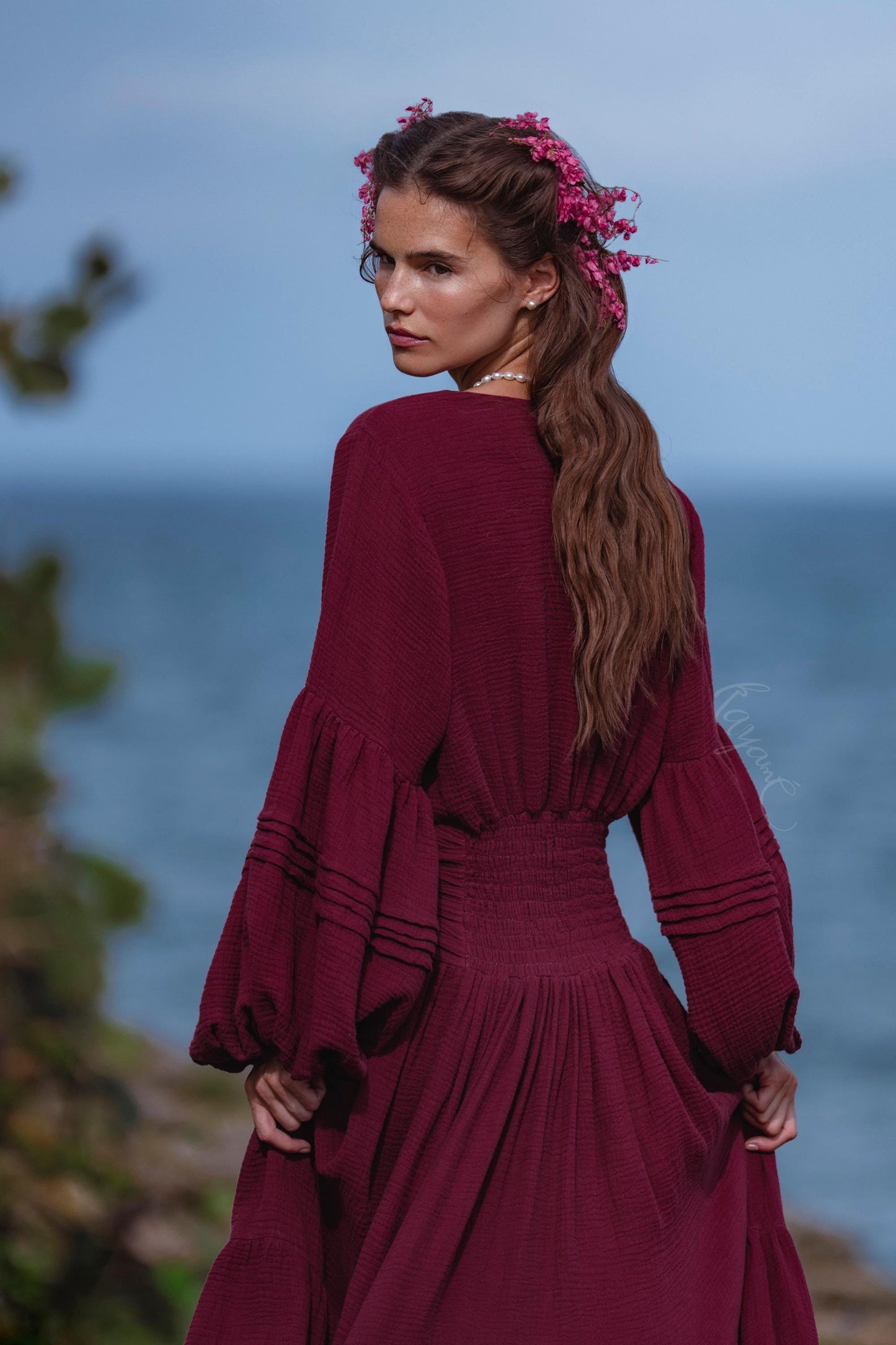 Burgundy Puff Sleeve Maxi Dress • Handmade Organic Cotton Gauze Tiered Dress • Boho Goddess Bridesmaid Dress • Priestess Goddess Dress