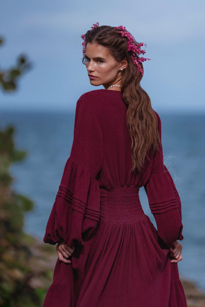 Burgundy Puff Sleeve Maxi Dress • Handmade Organic Cotton Gauze Tiered Dress • Boho Goddess Bridesmaid Dress • Priestess Goddess Dress