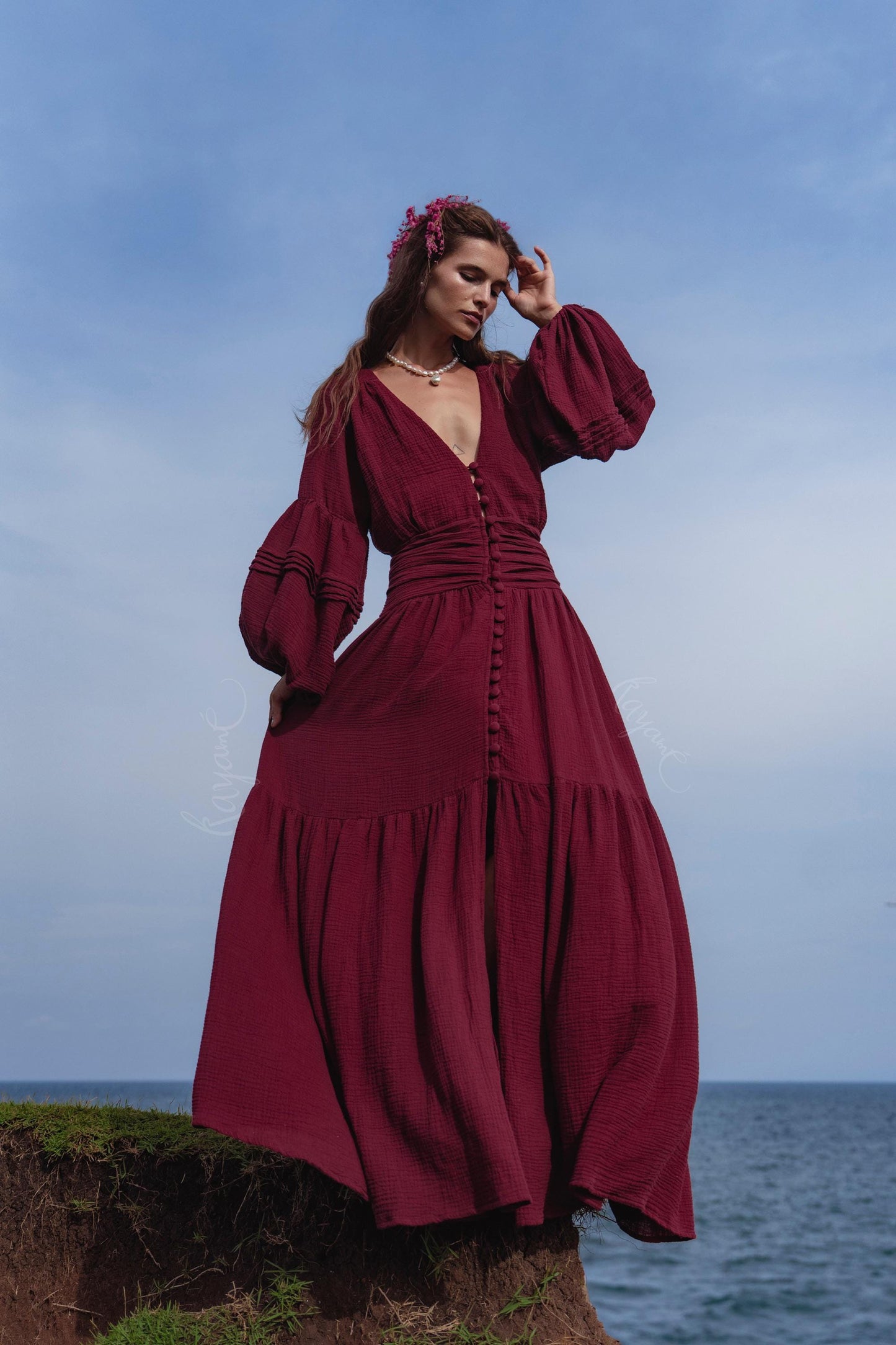 Burgundy Puff Sleeve Maxi Dress • Handmade Organic Cotton Gauze Tiered Dress • Boho Goddess Bridesmaid Dress • Priestess Goddess Dress
