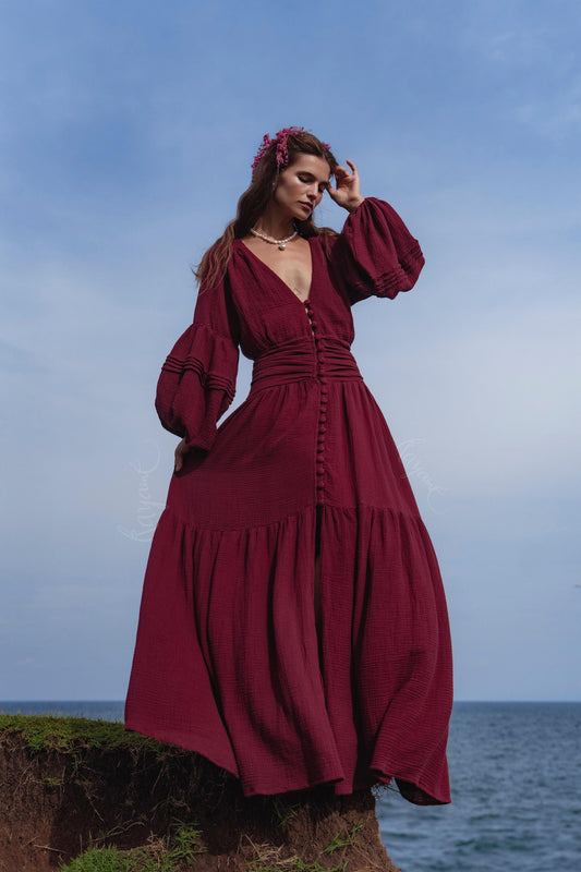 Burgundy Puff Sleeve Maxi Dress • Handmade Organic Cotton Gauze Tiered Dress • Boho Goddess Bridesmaid Dress • Priestess Goddess Dress