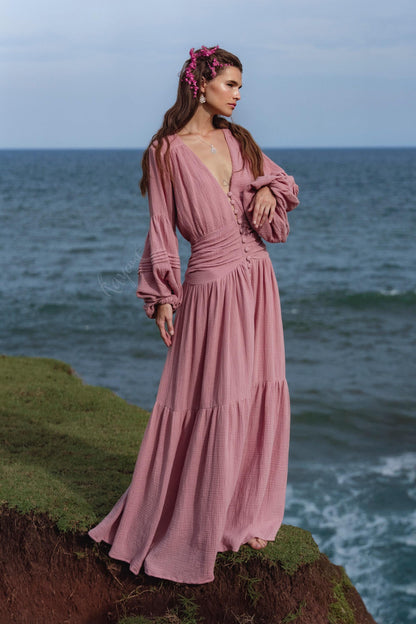 Dusty Rose Puff Sleeve Maxi Dress • Handmade Organic Cotton Gauze Tiered Dress •  Boho Bridesmaid Dress •  Pink Goddess