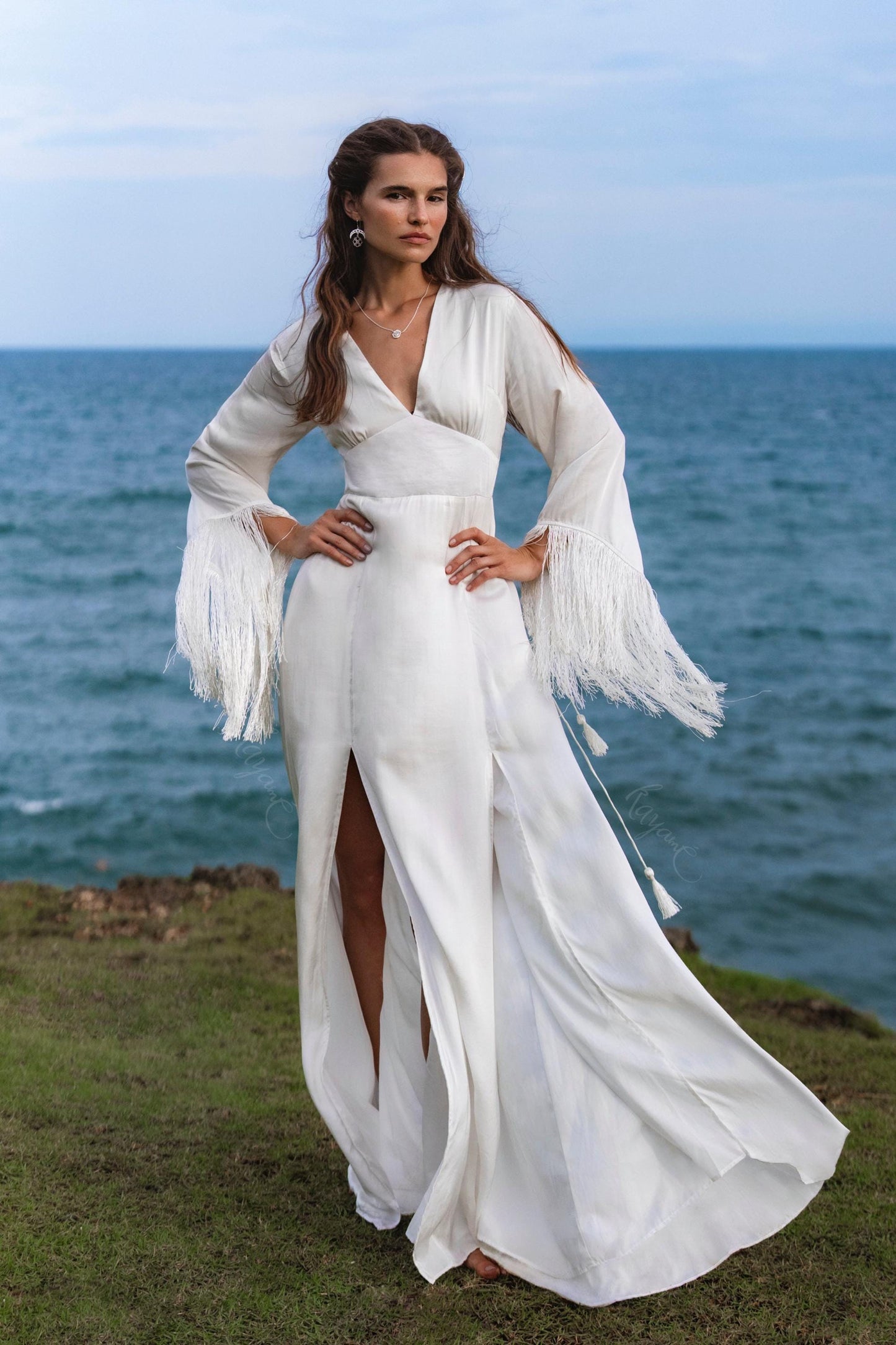 Boho Silk Wedding Dress • Fringe Sleeve Backless Gown • Bohemian Bride Maxi Dress