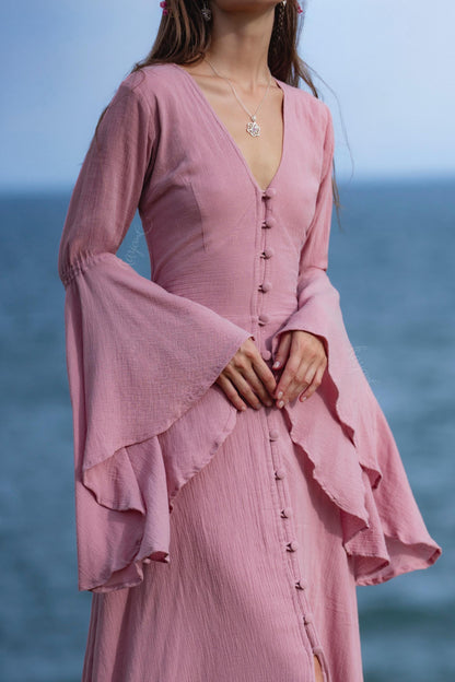 Dusty Pink Elven Dress • Bell Sleeve Boho Fairy Gown • Organic Cotton Maxi Bridesmaid Dress
