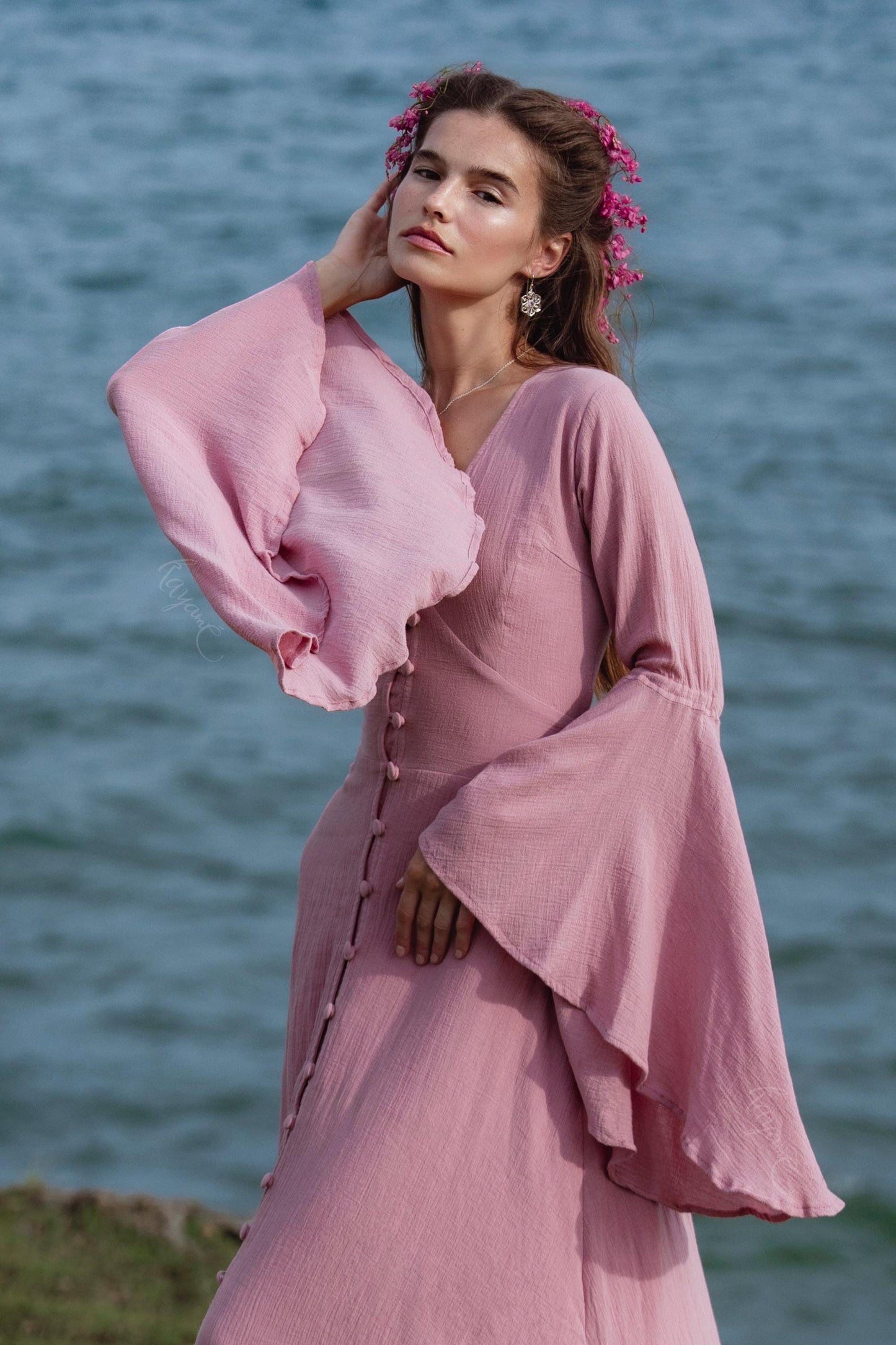 Dusty Pink Elven Dress • Bell Sleeve Boho Fairy Gown • Organic Cotton Maxi Bridesmaid Dress